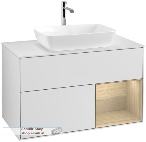 V&B Waschbeckenunterschrank 1x Accessory Paket Finion, 2x Auszug mit Antirutsch-Boden, mit LED-Beleuchtung, Waschbecken mittig, wandh�ngend, mit Regalelement (beleuchtet), mit Hahnlochbohrung, Eckig (F781PCMT)
