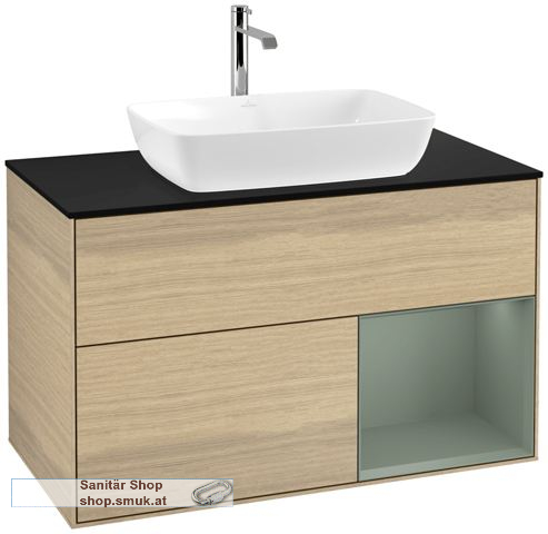 V&B Waschbeckenunterschrank 1x Accessory Paket Finion, 2x Auszug mit Antirutsch-Boden, mit LED-Beleuchtung, Waschbecken mittig, wandh�ngend, mit Regalelement (beleuchtet), mit Hahnlochbohrung, Eckig (F782GMPC)