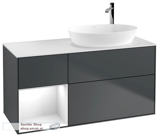 V&B Waschbeckenunterschrank 1x Accessory Paket Finion, 3x Auszug mit Antirutsch-Boden, mit LED-Beleuchtung, Waschbecken rechts, wandh�ngend, mit Regalelement (beleuchtet), mit Hahnlochbohrung, Eckig (F921GFHG)