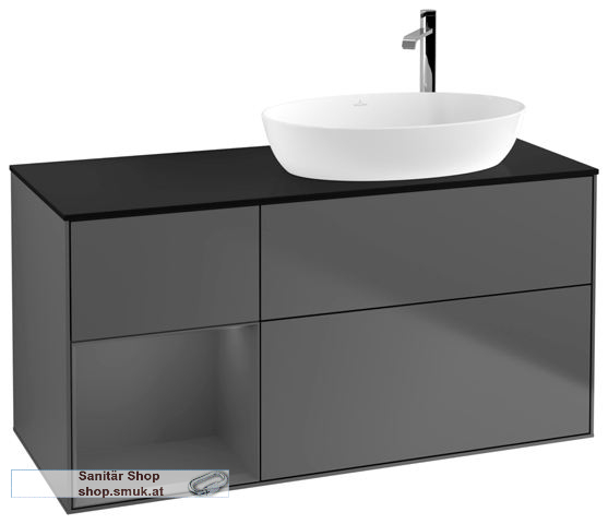 V&B Waschbeckenunterschrank 1x Accessory Paket Finion, 3x Auszug mit Antirutsch-Boden, mit LED-Beleuchtung, Waschbecken rechts, wandh�ngend, mit Regalelement (beleuchtet), mit Hahnlochbohrung, Eckig (F922GKGK)