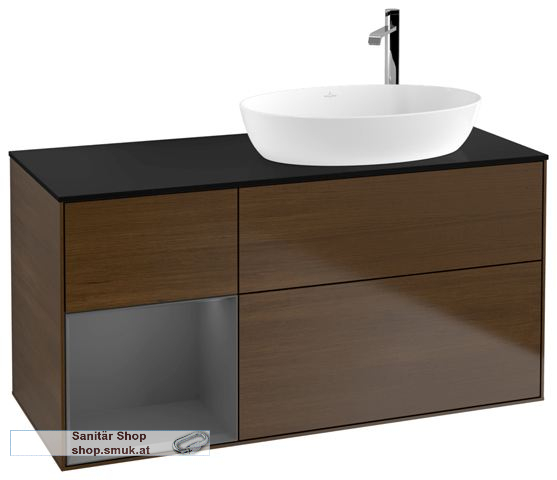 V&B Waschbeckenunterschrank 1x Accessory Paket Finion, 3x Auszug mit Antirutsch-Boden, mit LED-Beleuchtung, Waschbecken rechts, wandh�ngend, mit Regalelement (beleuchtet), mit Hahnlochbohrung, Eckig (F922GKGN)