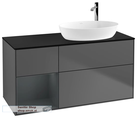 V&B Waschbeckenunterschrank 1x Accessory Paket Finion, 3x Auszug mit Antirutsch-Boden, mit LED-Beleuchtung, Waschbecken rechts, wandh�ngend, mit Regalelement (beleuchtet), mit Hahnlochbohrung, Eckig (F922HGGK)