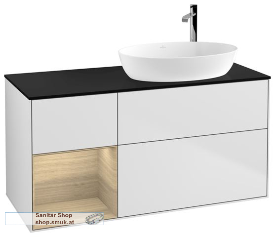 V&B Waschbeckenunterschrank 1x Accessory Paket Finion, 3x Auszug mit Antirutsch-Boden, mit LED-Beleuchtung, Waschbecken rechts, wandh�ngend, mit Regalelement (beleuchtet), mit Hahnlochbohrung, Eckig (F922PCMT)