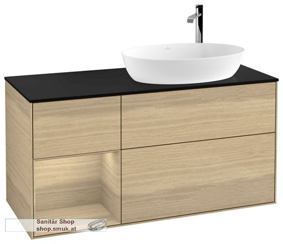 V&B Waschbeckenunterschrank 1x Accessory Paket Finion, 3x Auszug mit Antirutsch-Boden, mit LED-Beleuchtung, Waschbecken rechts, wandh�ngend, mit Regalelement (beleuchtet), mit Hahnlochbohrung, Eckig (F922PCPC)