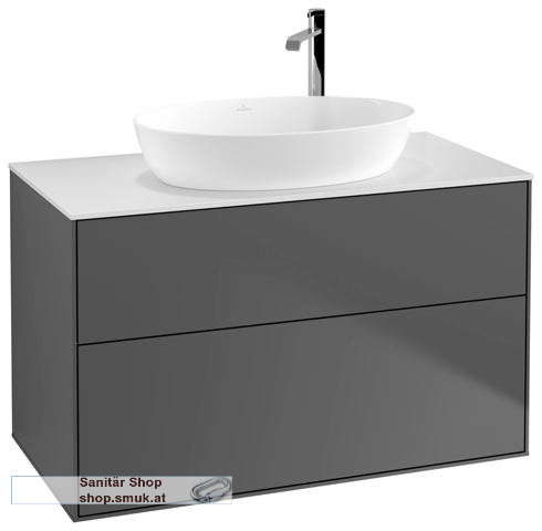 V&B Waschbeckenunterschrank 1x Accessory Paket Finion, 2x Auszug mit Antirutsch-Boden, mit LED-Beleuchtung, Waschbecken mittig, wandh�ngend, mit Wandbeleuchtung, mit Hahnlochbohrung, Eckig (G88100GK)