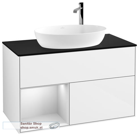 V&B Waschbeckenunterschrank 1x Accessory Paket Finion, 2x Auszug mit Antirutsch-Boden, mit LED-Beleuchtung, Waschbecken mittig, wandh�ngend, mit Regalelement (beleuchtet), mit Wandbeleuchtung, mit Hahnlochbohrung, Eckig (G892MTGF)